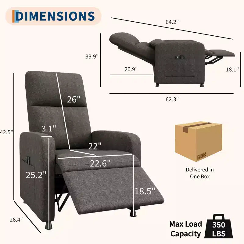 Poltrona Reclinabile Elettrica, Divano Singolo Ergonomico in Lino con Sedile Imbottito e 2 Tasche Laterali, Reclinabile Elettrico Regolabile per Soggiorno, Camera da Letto