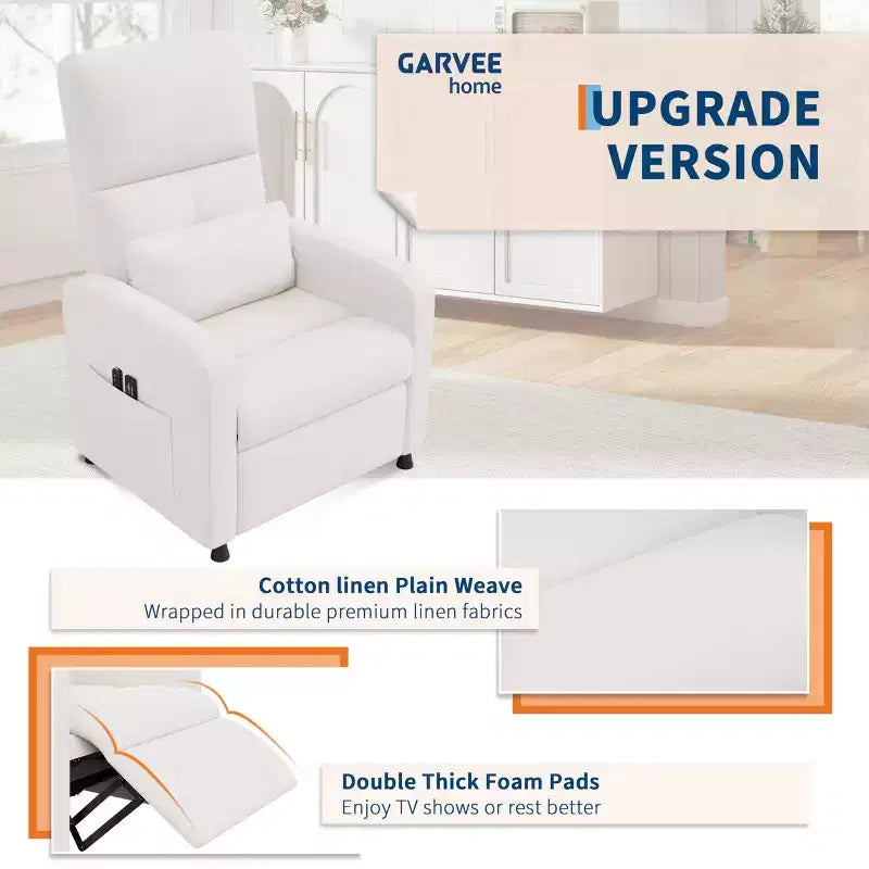 Poltrona Reclinabile Elettrica, Divano Singolo Ergonomico in Lino con Sedile Imbottito e 2 Tasche Laterali, Reclinabile Elettrico Regolabile per Soggiorno, Camera da Letto