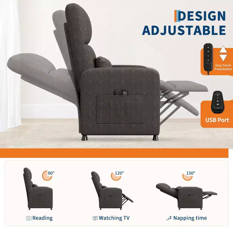 Poltrona Reclinabile Elettrica, Divano Singolo Ergonomico in Lino con Sedile Imbottito e 2 Tasche Laterali, Reclinabile Elettrico Regolabile per Soggiorno, Camera da Letto