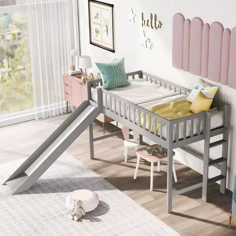 77,4IN Letto a soppalco per bambini singolo/matrimoniale con scivolo, letto singolo con ringhiera di sicurezza e scaletta, telai letto per cameretta bambini, sala giochi