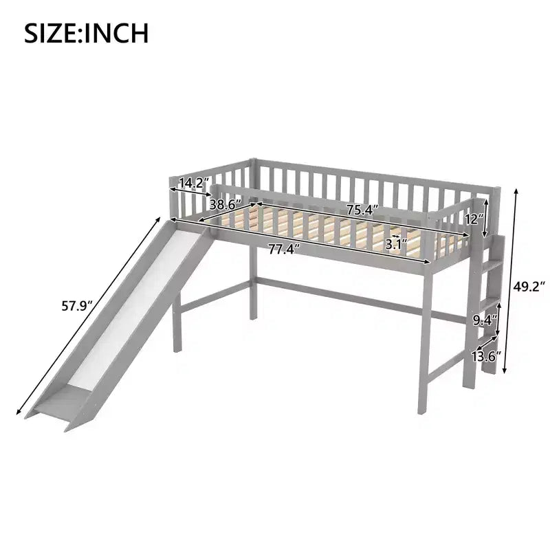 77,4IN Letto a soppalco per bambini singolo/matrimoniale con scivolo, letto singolo con ringhiera di sicurezza e scaletta, telai letto per cameretta bambini, sala giochi