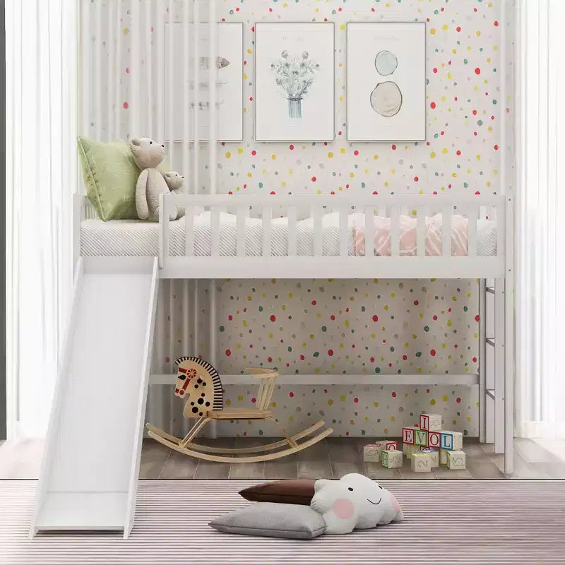 77,4IN Letto a soppalco per bambini singolo/matrimoniale con scivolo, letto singolo con ringhiera di sicurezza e scaletta, telai letto per cameretta bambini, sala giochi