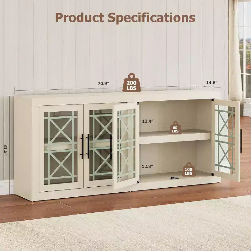 Credenza a Buffet 71 con 4 Ante, Armadietto Accentato Moderno di Metà Secolo con Contenitore per Soggiorno e Cucina, Naturale