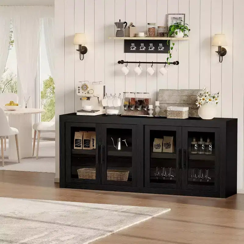 Credenza a Buffet 71 con 4 Ante, Armadietto Accentato Moderno di Metà Secolo con Contenitore per Soggiorno e Cucina, Naturale