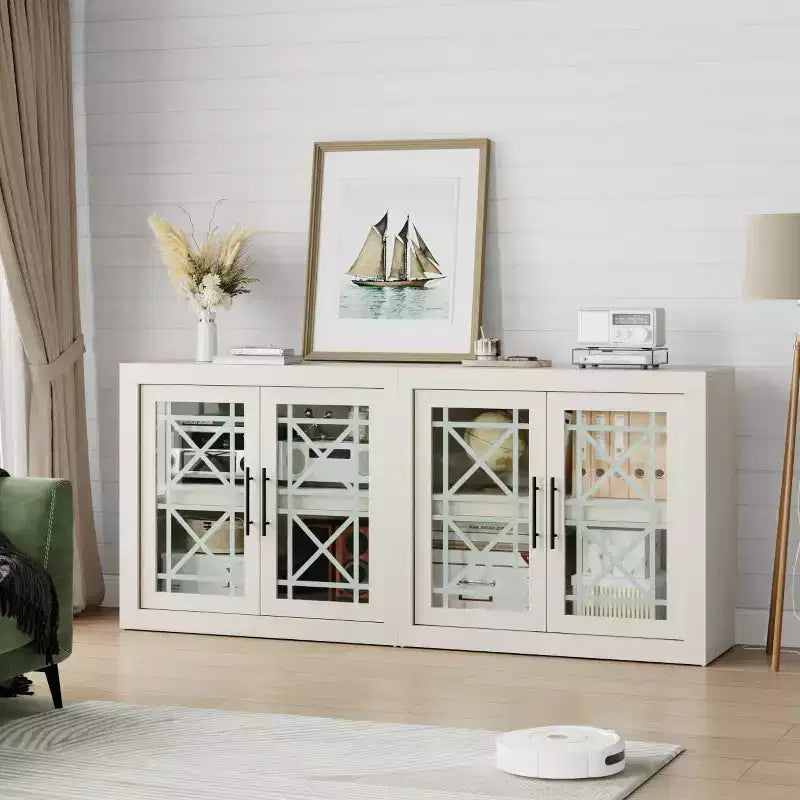 Credenza a Buffet 71 con 4 Ante, Armadietto Accentato Moderno di Metà Secolo con Contenitore per Soggiorno e Cucina, Naturale