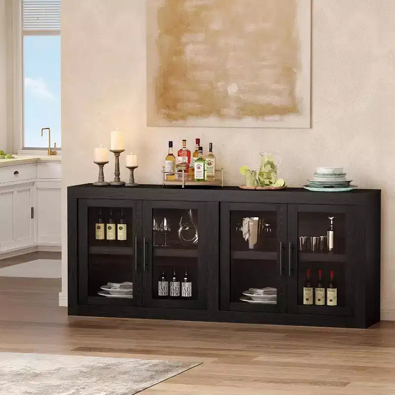Credenza a Buffet 71 con 4 Ante, Armadietto Accentato Moderno di Metà Secolo con Contenitore per Soggiorno e Cucina, Naturale