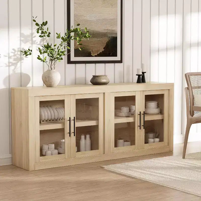 Credenza a Buffet 71 con 4 Ante, Armadietto Accentato Moderno di Metà Secolo con Contenitore per Soggiorno e Cucina, Naturale