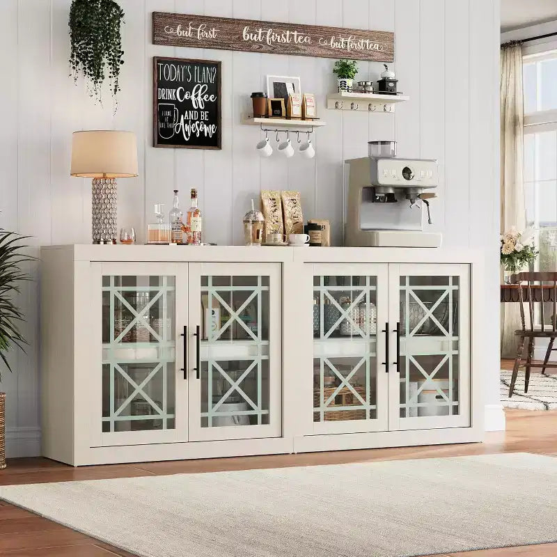Credenza a Buffet 71 con 4 Ante, Armadietto Accentato Moderno di Metà Secolo con Contenitore per Soggiorno e Cucina, Naturale