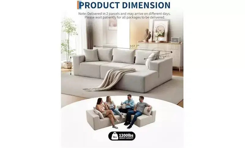 Divano componibile modulare con chaise longue da 108 pollici | Divano a L compresso e morbido per soggiorno | Design con divano letto, beige
