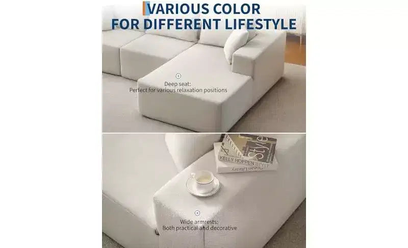Divano componibile modulare con chaise longue da 108 pollici | Divano a L compresso e morbido per soggiorno | Design con divano letto, beige