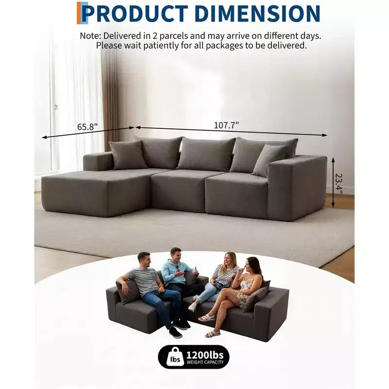 Divano componibile modulare con chaise longue da 108 pollici | Divano a L compresso e morbido per soggiorno | Design con divano letto, beige