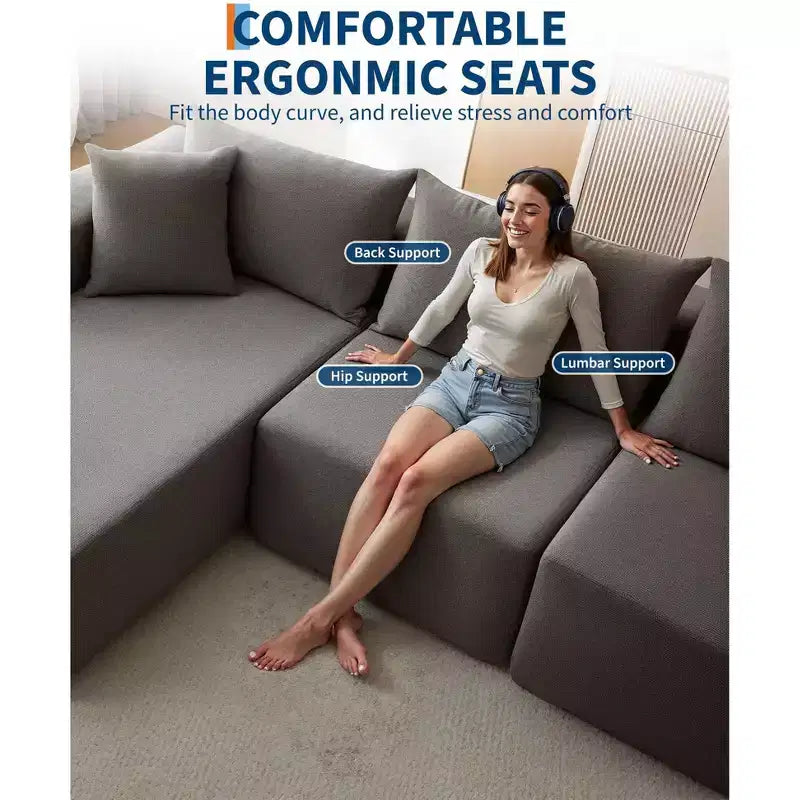 Divano componibile modulare con chaise longue da 108 pollici | Divano a L compresso e morbido per soggiorno | Design con divano letto, beige