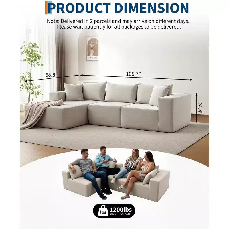 Divano componibile modulare con chaise longue da 108 pollici | Divano a L compresso e morbido per soggiorno | Design con divano letto, beige