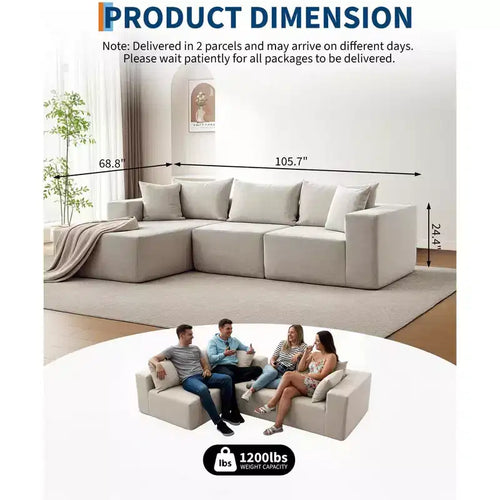 Divano componibile modulare con chaise longue da 108 pollici | Divano a L compresso e morbido per soggiorno | Design con divano letto, beige