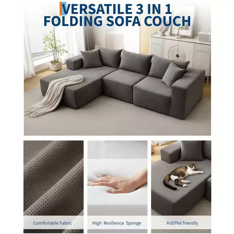 Divano componibile modulare con chaise longue da 108 pollici | Divano a L compresso e morbido per soggiorno | Design con divano letto, beige