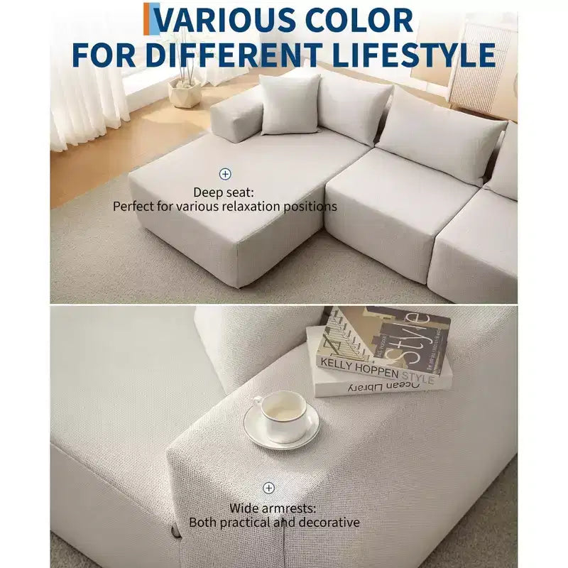 Divano componibile modulare con chaise longue da 108 pollici | Divano a L compresso e morbido per soggiorno | Design con divano letto, beige