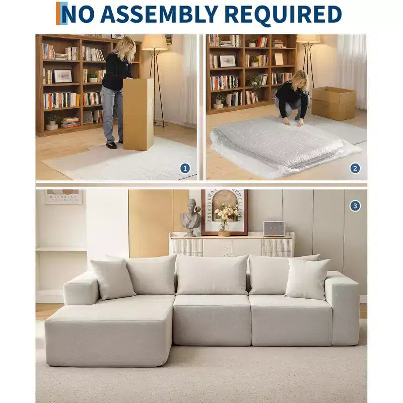 Divano componibile modulare con chaise longue da 108 pollici | Divano a L compresso e morbido per soggiorno | Design con divano letto, beige