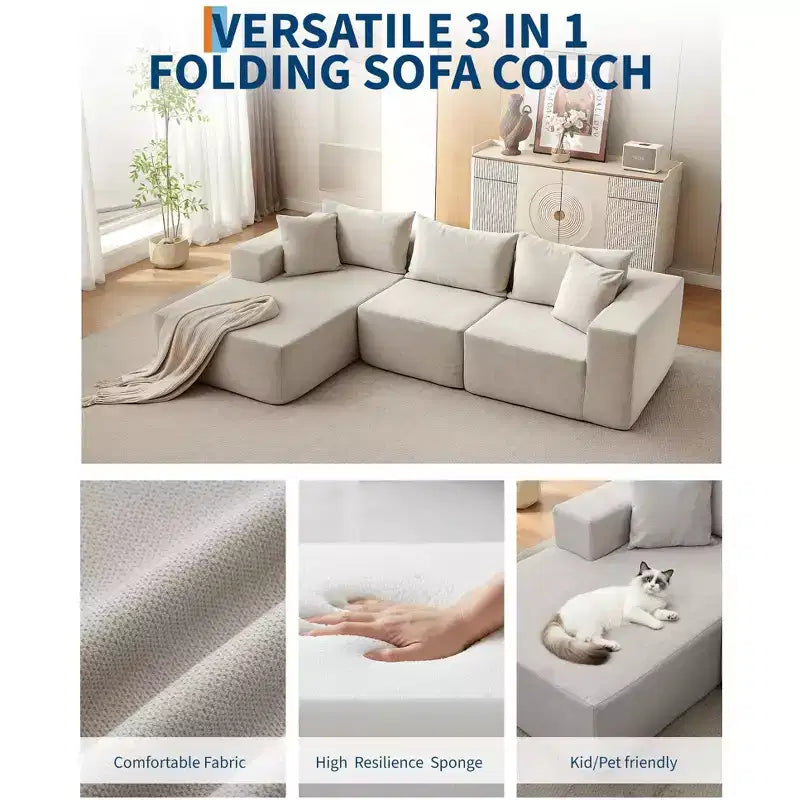 Divano componibile modulare con chaise longue da 108 pollici | Divano a L compresso e morbido per soggiorno | Design con divano letto, beige