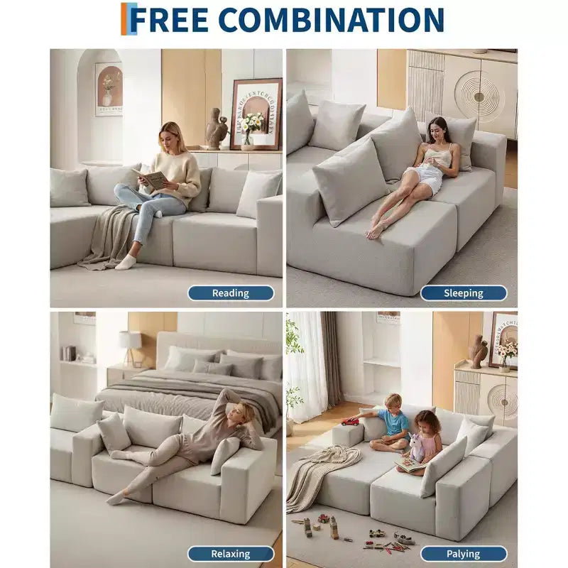 Divano componibile modulare con chaise longue da 108 pollici | Divano a L compresso e morbido per soggiorno | Design con divano letto, beige