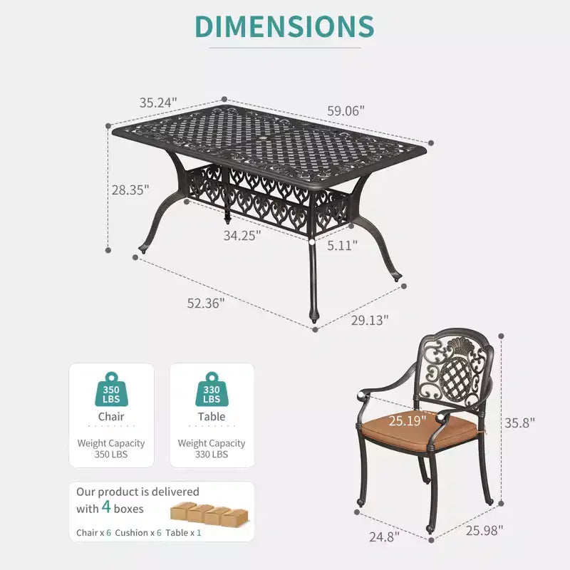 Set da pranzo per patio, tavolo da esterno in alluminio e 6 sedie con cuscini rimovibili e foro per ombrellone per patio, terrazza, giardino, portico