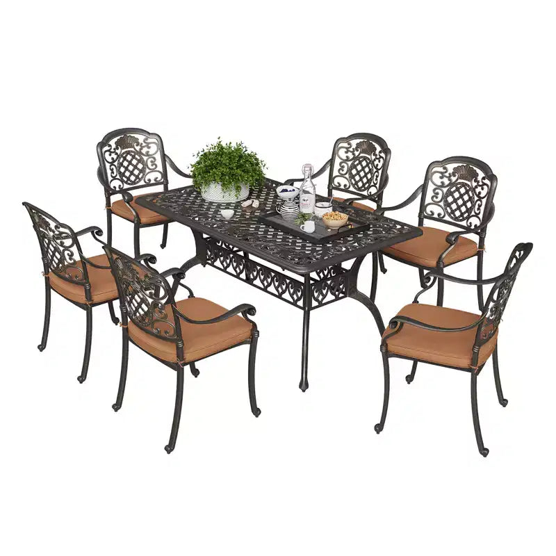 Set da pranzo per patio, tavolo da esterno in alluminio e 6 sedie con cuscini rimovibili e foro per ombrellone per patio, terrazza, giardino, portico