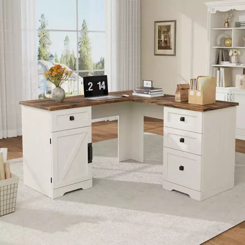 Scrivania direzionale a L (60) Scrivania ad angolo da ufficio in stile rustico con cassetti portadocumenti e mobiletto contenitore regolabile, ideale per l'ufficio di casa o lo studio