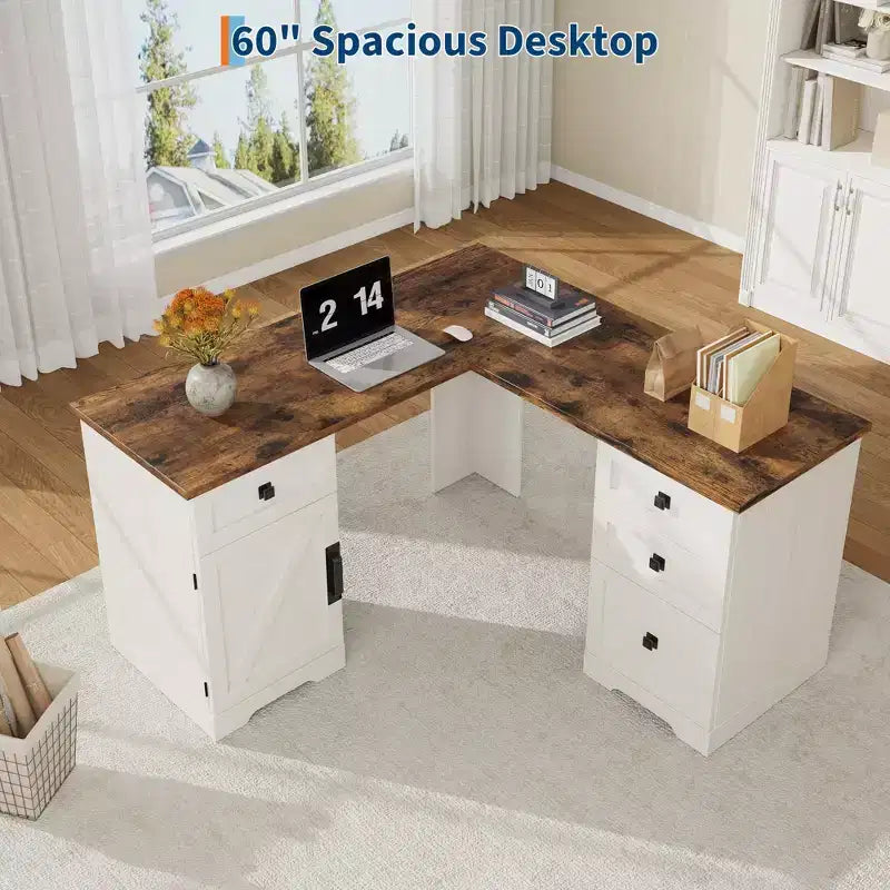 Scrivania direzionale a L (60) Scrivania ad angolo da ufficio in stile rustico con cassetti portadocumenti e mobiletto contenitore regolabile, ideale per l'ufficio di casa o lo studio