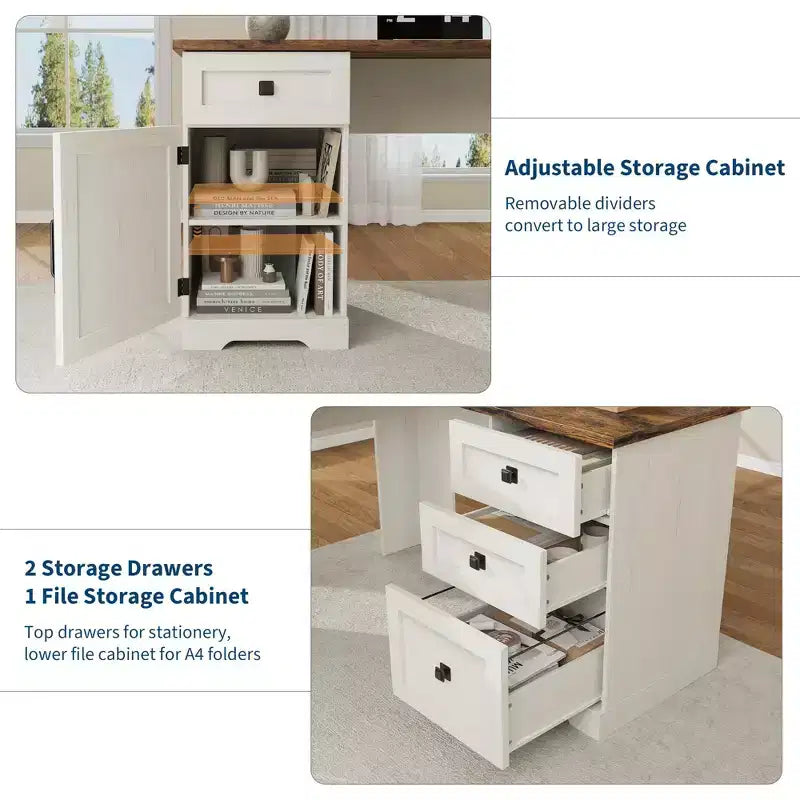 Scrivania direzionale a L (60) Scrivania ad angolo da ufficio in stile rustico con cassetti portadocumenti e mobiletto contenitore regolabile, ideale per l'ufficio di casa o lo studio