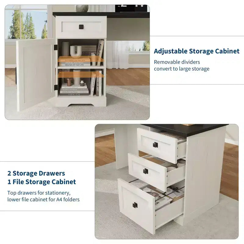 Scrivania direzionale a L (60) Scrivania ad angolo da ufficio in stile rustico con cassetti portadocumenti e mobiletto contenitore regolabile, ideale per l'ufficio di casa o lo studio