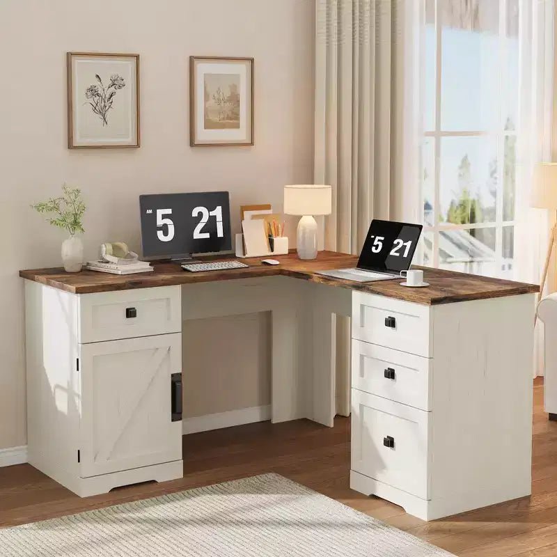 Scrivania direzionale a L (60) Scrivania ad angolo da ufficio in stile rustico con cassetti portadocumenti e mobiletto contenitore regolabile, ideale per l'ufficio di casa o lo studio