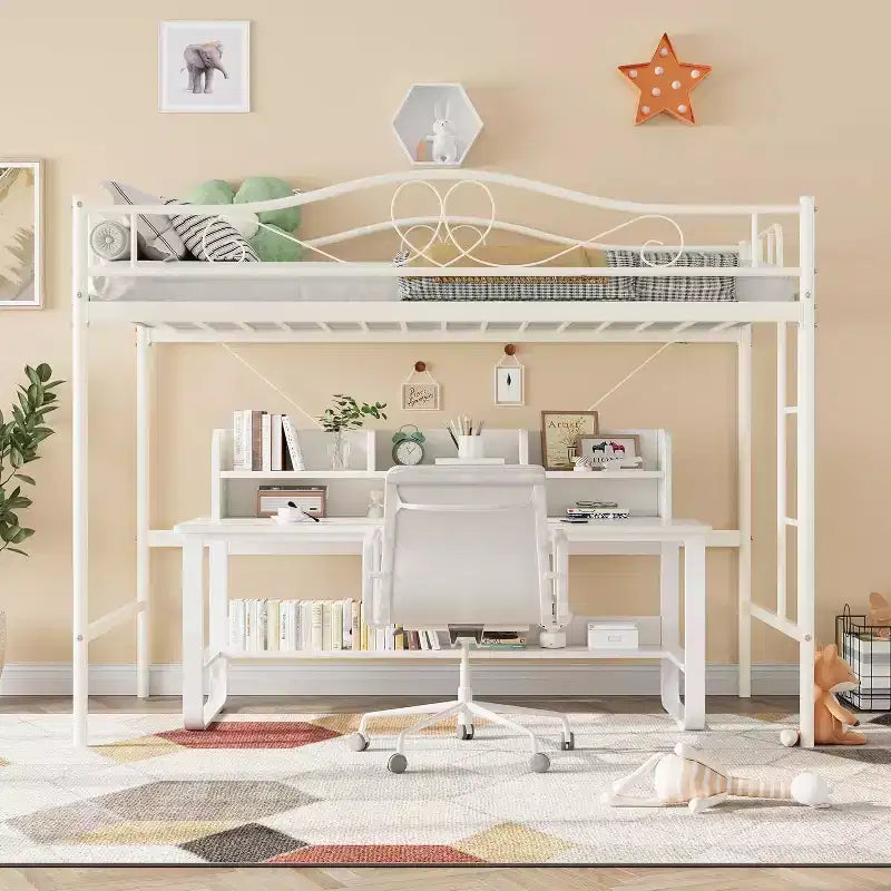 Letto a soppalco singolo con scaletta e sponda di sicurezza completa, letto a soppalco singolo in metallo resistente con capacità di carico di 180 kg, salvaspazio