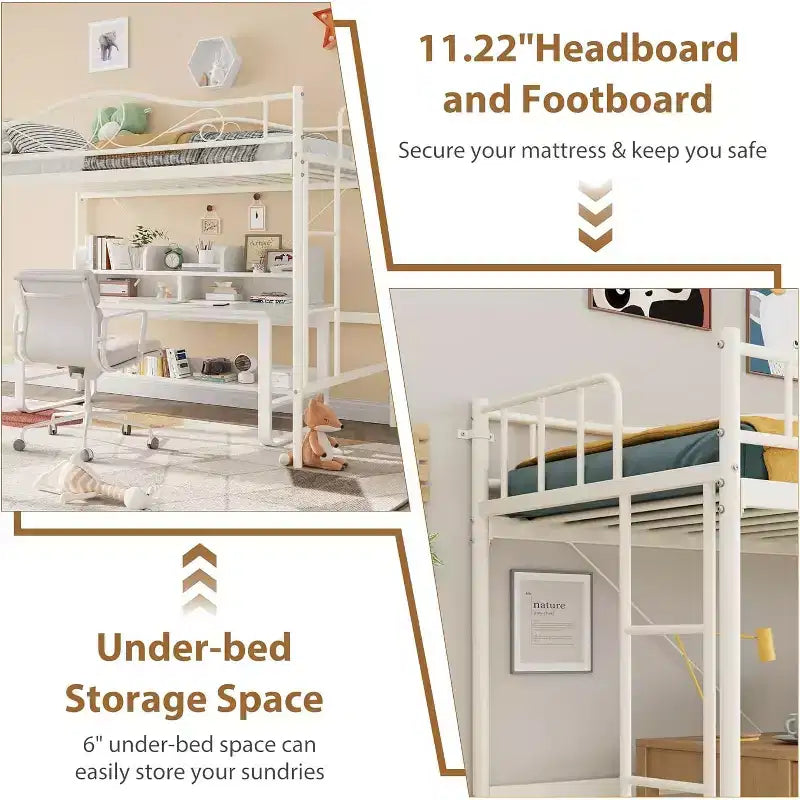 Letto a soppalco singolo con scaletta e sponda di sicurezza completa, letto a soppalco singolo in metallo resistente con capacità di carico di 180 kg, salvaspazio
