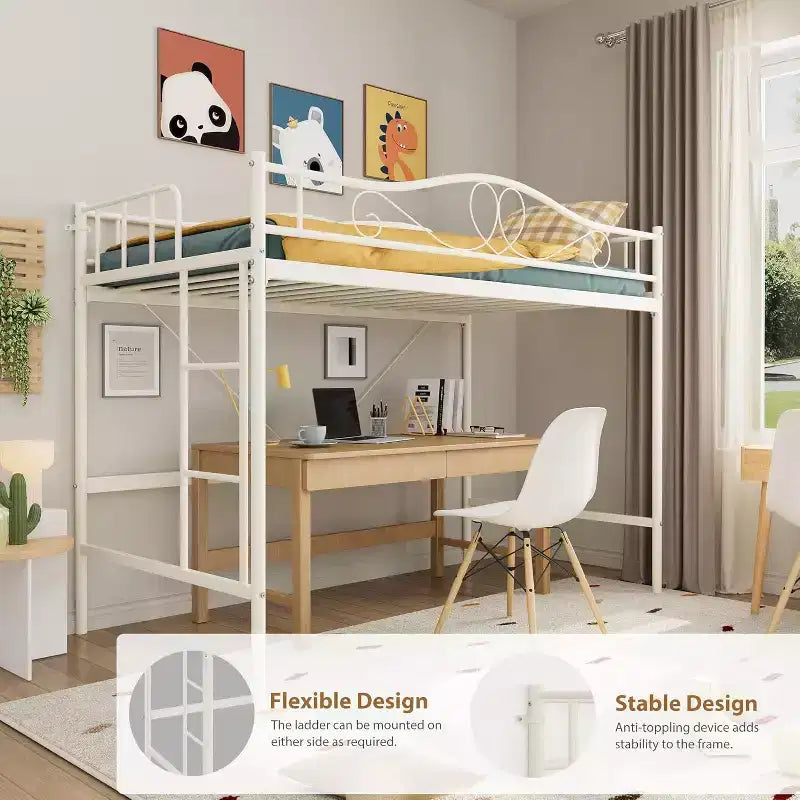 Letto a soppalco singolo con scaletta e sponda di sicurezza completa, letto a soppalco singolo in metallo resistente con capacità di carico di 180 kg, salvaspazio