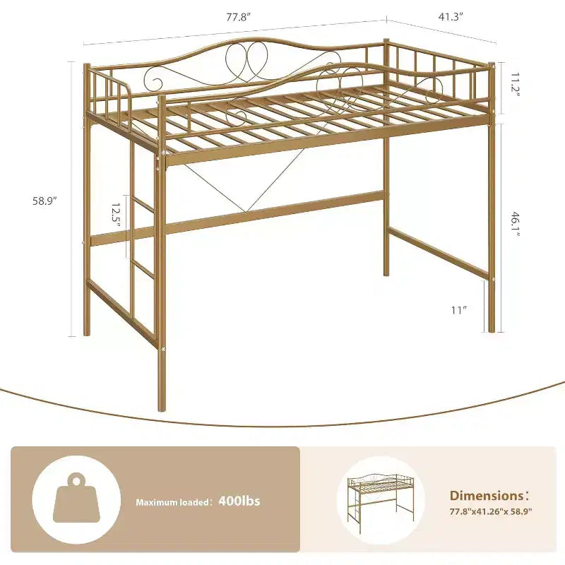 Letto a soppalco singolo con scaletta e sponda di sicurezza completa, letto a soppalco singolo in metallo resistente con capacità di carico di 180 kg, salvaspazio