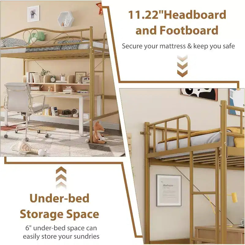 Letto a soppalco singolo con scaletta e sponda di sicurezza completa, letto a soppalco singolo in metallo resistente con capacità di carico di 180 kg, salvaspazio