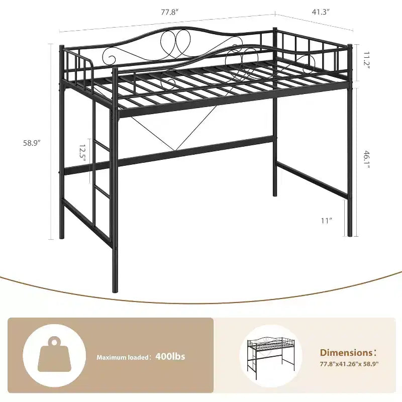 Letto a soppalco singolo con scaletta e sponda di sicurezza completa, letto a soppalco singolo in metallo resistente con capacità di carico di 180 kg, salvaspazio