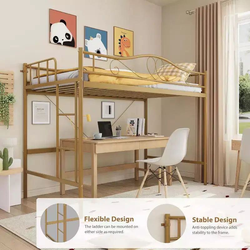 Letto a soppalco singolo con scaletta e sponda di sicurezza completa, letto a soppalco singolo in metallo resistente con capacità di carico di 180 kg, salvaspazio