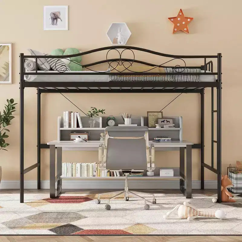 Letto a soppalco singolo con scaletta e sponda di sicurezza completa, letto a soppalco singolo in metallo resistente con capacità di carico di 180 kg, salvaspazio