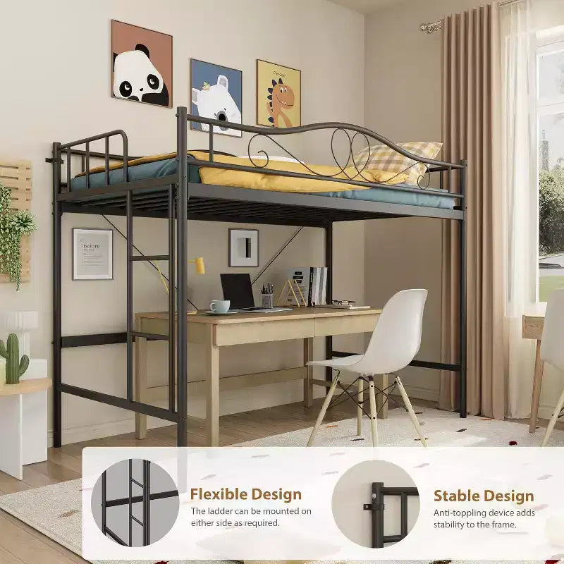 Letto a soppalco singolo con scaletta e sponda di sicurezza completa, letto a soppalco singolo in metallo resistente con capacità di carico di 180 kg, salvaspazio
