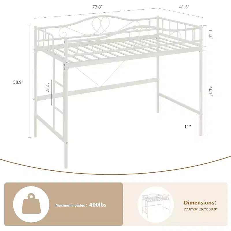 Letto a soppalco singolo con scaletta e sponda di sicurezza completa, letto a soppalco singolo in metallo resistente con capacità di carico di 180 kg, salvaspazio