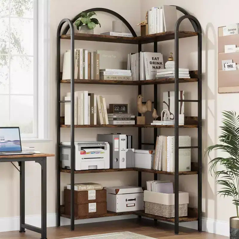 Libreria ad Angolo Industriale, Scaffale a 5 Ripiani a L, Libreria ad Angolo Arcata con Struttura in Metallo, Libreria Grande per Soggiorno e Camera da Letto