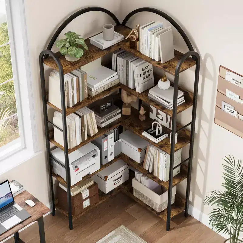 Libreria ad Angolo Industriale, Scaffale a 5 Ripiani a L, Libreria ad Angolo Arcata con Struttura in Metallo, Libreria Grande per Soggiorno e Camera da Letto
