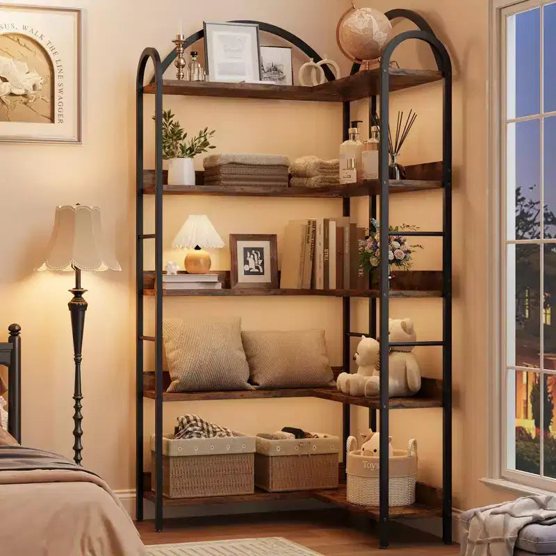 Libreria ad Angolo Industriale, Scaffale a 5 Ripiani a L, Libreria ad Angolo Arcata con Struttura in Metallo, Libreria Grande per Soggiorno e Camera da Letto