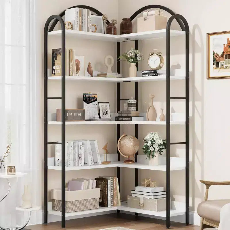 Libreria ad Angolo Industriale, Scaffale a 5 Ripiani a L, Libreria ad Angolo Arcata con Struttura in Metallo, Libreria Grande per Soggiorno e Camera da Letto