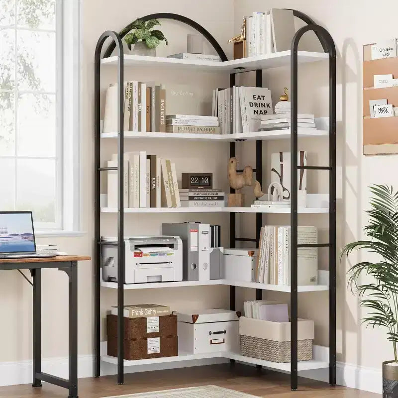 Libreria ad Angolo Industriale, Scaffale a 5 Ripiani a L, Libreria ad Angolo Arcata con Struttura in Metallo, Libreria Grande per Soggiorno e Camera da Letto