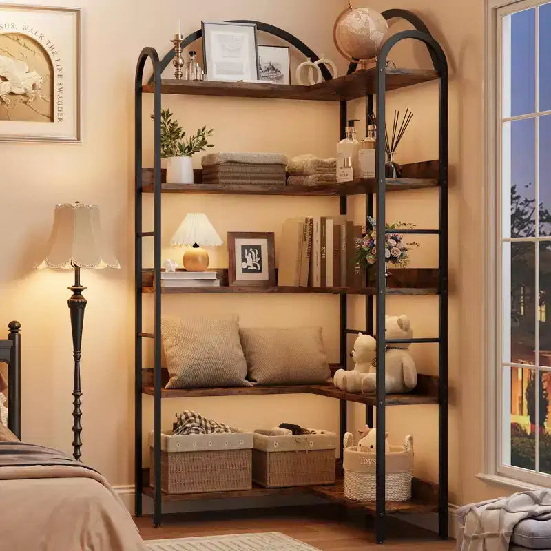 Libreria ad Angolo Industriale, Scaffale a 5 Ripiani a L, Libreria ad Angolo Arcata con Struttura in Metallo, Libreria Grande per Soggiorno e Camera da Letto