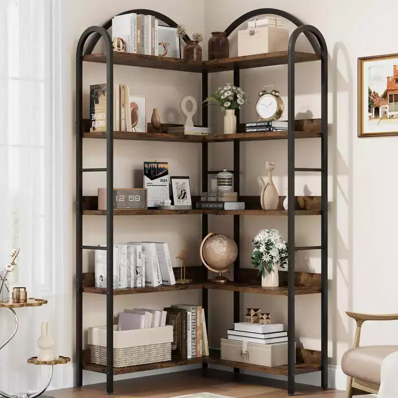 Libreria ad Angolo Industriale, Scaffale a 5 Ripiani a L, Libreria ad Angolo Arcata con Struttura in Metallo, Libreria Grande per Soggiorno e Camera da Letto