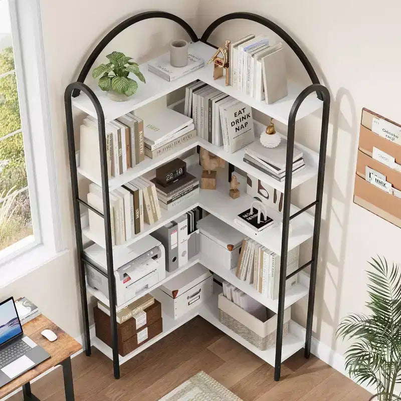 Libreria ad Angolo Industriale, Scaffale a 5 Ripiani a L, Libreria ad Angolo Arcata con Struttura in Metallo, Libreria Grande per Soggiorno e Camera da Letto