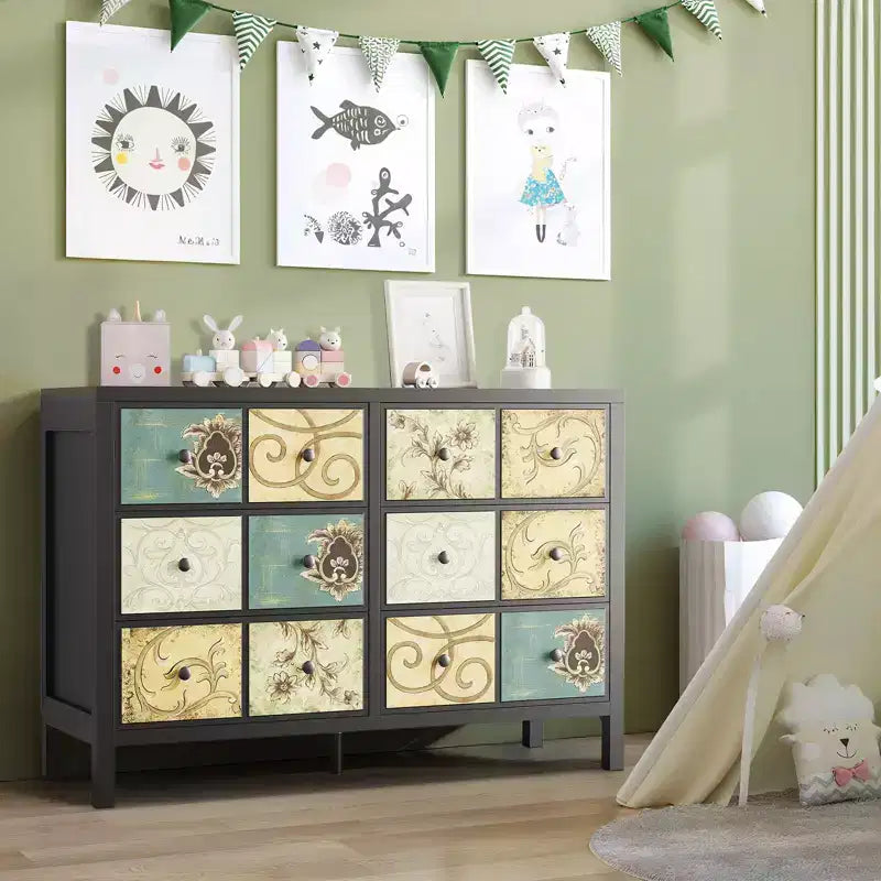 Cassettiera a 6 cassetti per camera da letto, cassettiera rustica in legno con maniglia in metallo, cassetto con motivo floreale retrò, cassettiera in stile rustico per camera da letto