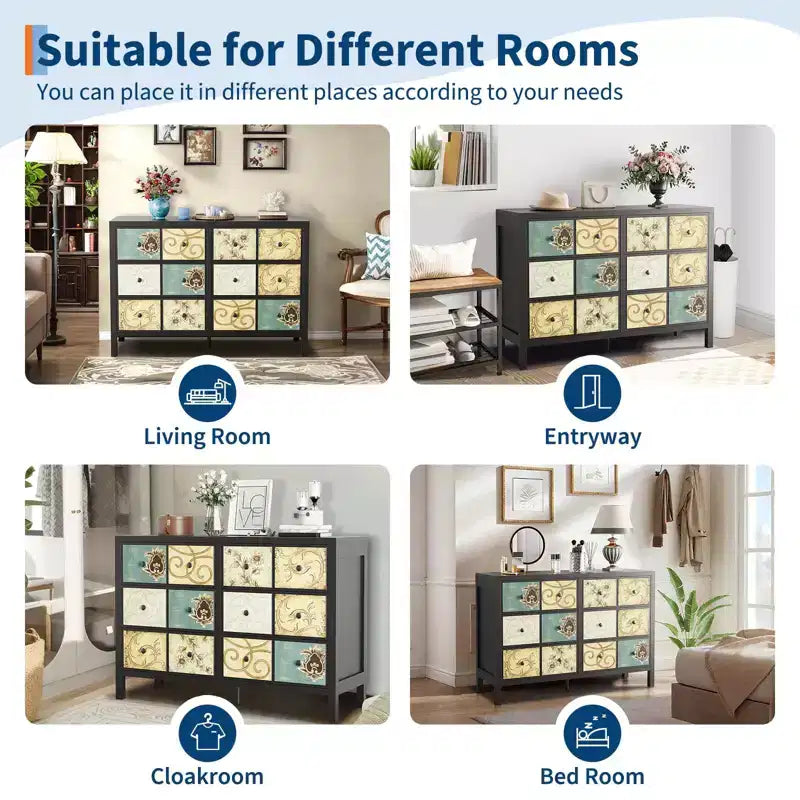Cassettiera a 6 cassetti per camera da letto, cassettiera rustica in legno con maniglia in metallo, cassetto con motivo floreale retrò, cassettiera in stile rustico per camera da letto